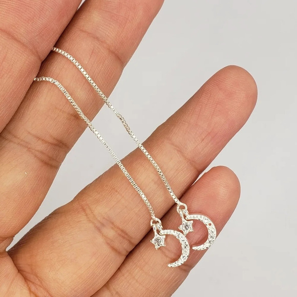 Sterling Silver 925 Earrings Moon and Star Dangle Drop Threaded Tassel Earrings - Picture 6 of 6